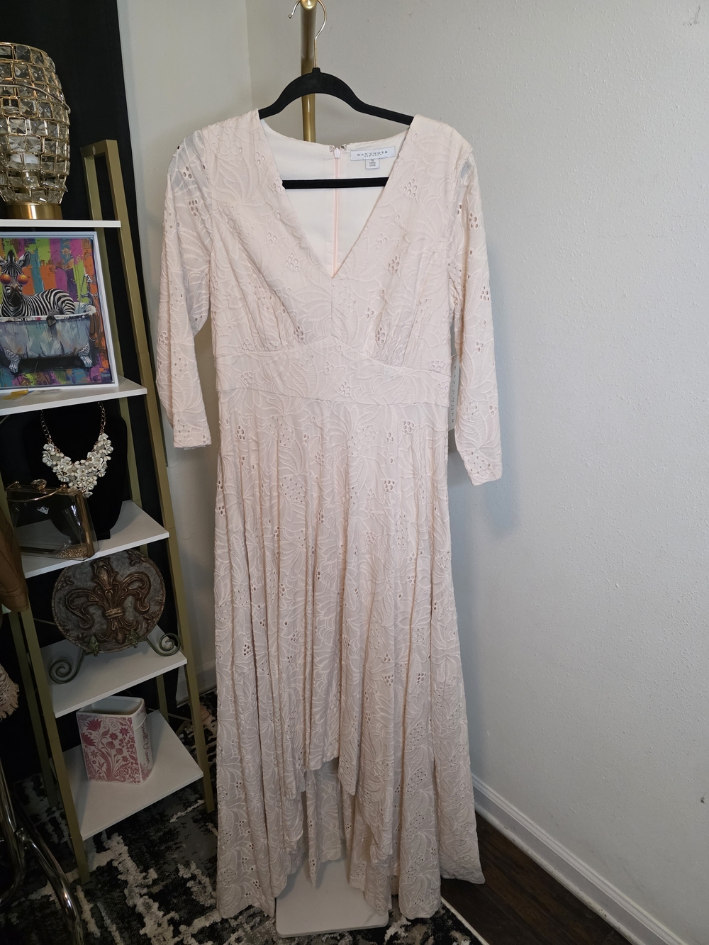 Kay Unger Blush Eyelet V-Neck Midi Dress